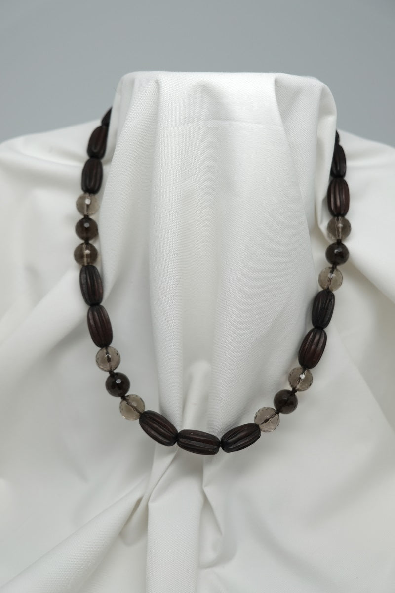 One Strand 20mm Wood & Smokey Quartz Gemstone Necklace