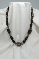 One Strand 20mm Wood, Brown Laxspar & Smokey Quartz Gemstone Necklace
