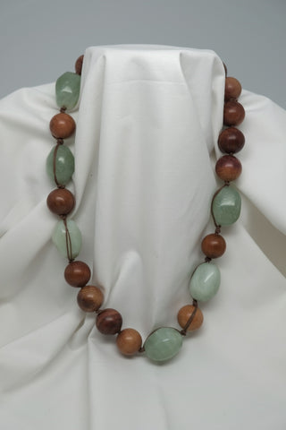 One Strand 20mm Wood & New Jade(Pale Green) Gemstone Necklace