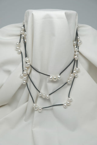 ONE STRAND DROP CULTURED PEARL AND HEMATITE LONG  NECKLACE (SIX IN ONE NECKLACE)