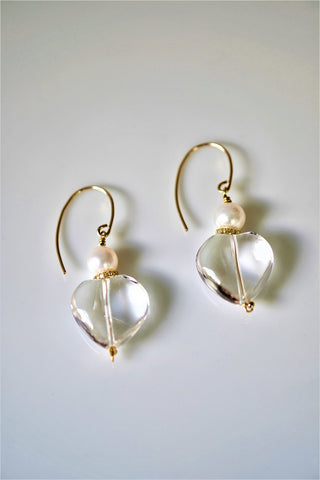 Rock Crystal Hearts, White Cultured Pearls Cunic Zirconia 14k gold filled Wire Earrings