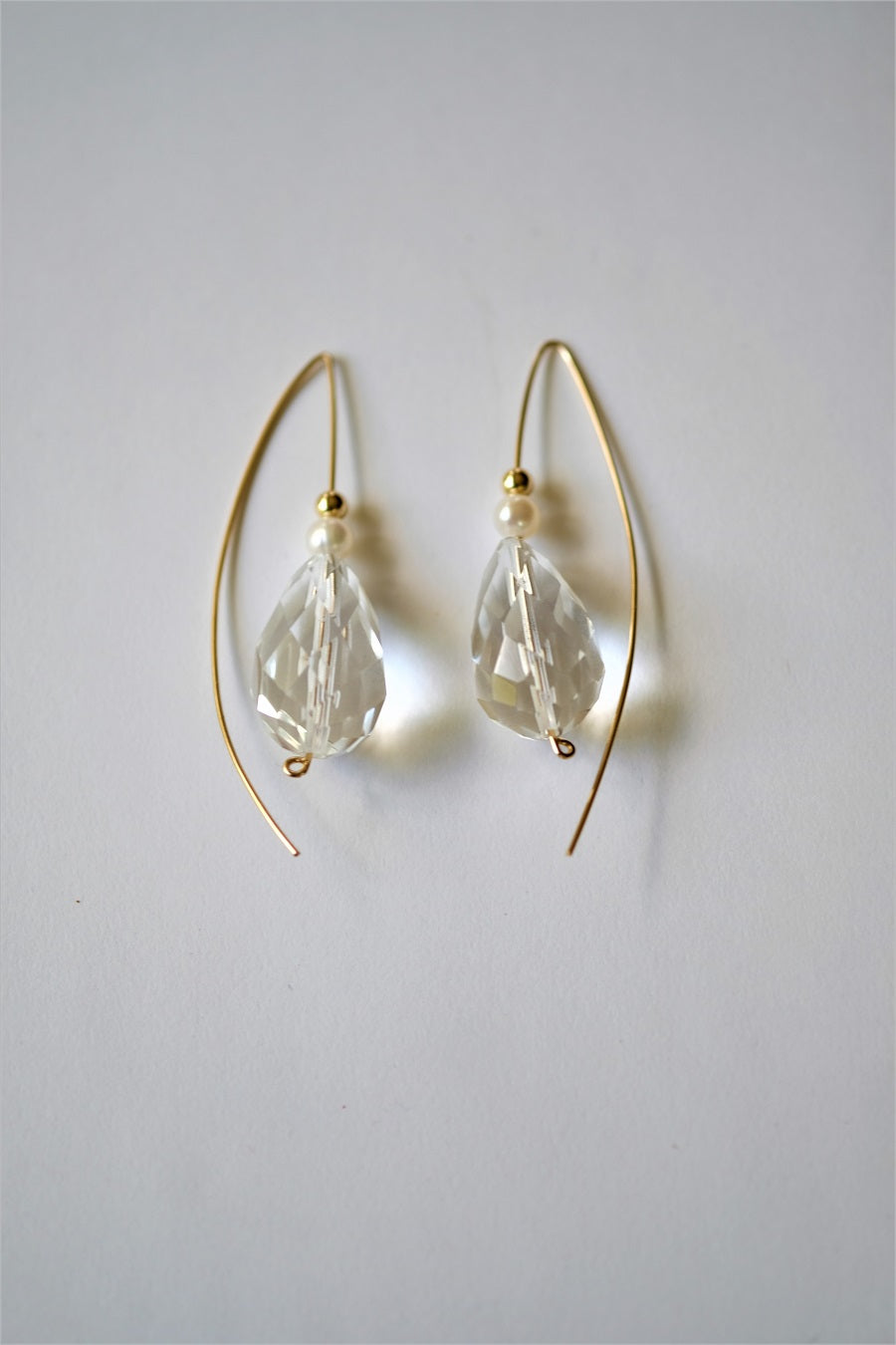 Faceted Rock Crystal Drop, Cultured Pearls on 14k gold filled Wire Earrings
