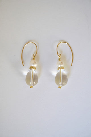 Rock Crystal Drops, White Cultured Pearls Cunic Zirconia 14k gold filled Wire Earrings