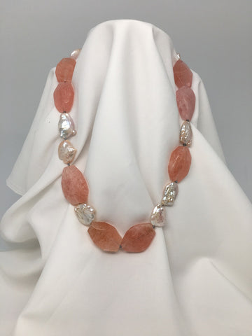 One Strand Morganite and Natural Keshi Pearls Gemstone Necklace