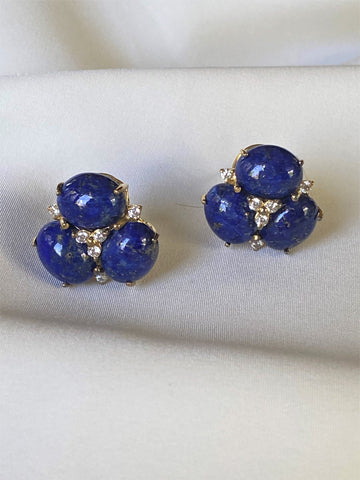 Lapis Lazuli 18k Gold Plated 925 Sterling Silver Omega Post Faceted Cubic Zirconia Earrings