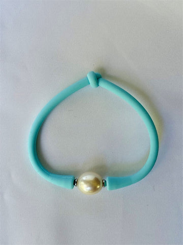 White Cultured Pearl Turquoise Rubber Bracelet