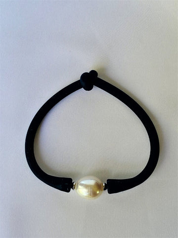 White Cultured Pearl Navy Blue Rubber Bracelet