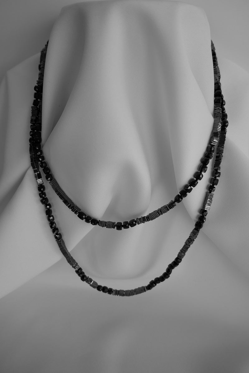 One Strand Hematite, Black Spinel Long Gemstone Necklace with 925 Oxidized Silver Black Diamond Clasp