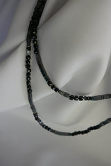 One Strand Hematite, Black Spinel Long Gemstone Necklace with 925 Oxidized Silver Black Diamond Clasp