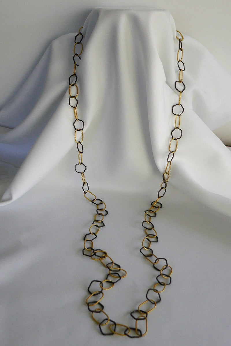 ONE LONG STRAND 925 VERMEIL STERLING SILVER & OXIDIZED 925 STERLING SILVER  WITH COGNAC DIAMOND CLASPS NECKLACE