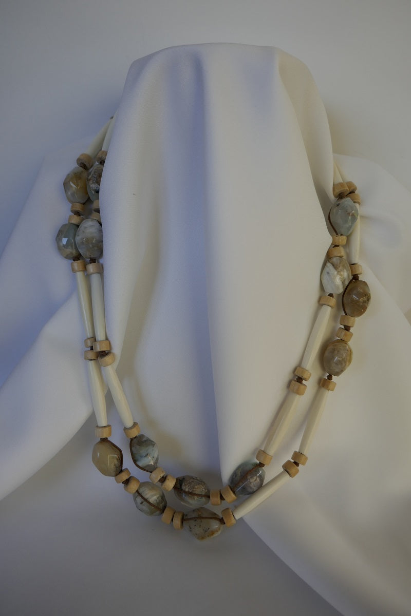 Two Separate Strands Horn, Light Wood & Peruvian Opal Long Gemstone Necklaces