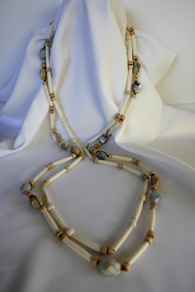 Two Separate Strands Horn, Light Wood & Peruvian Opal Long Gemstone Necklaces