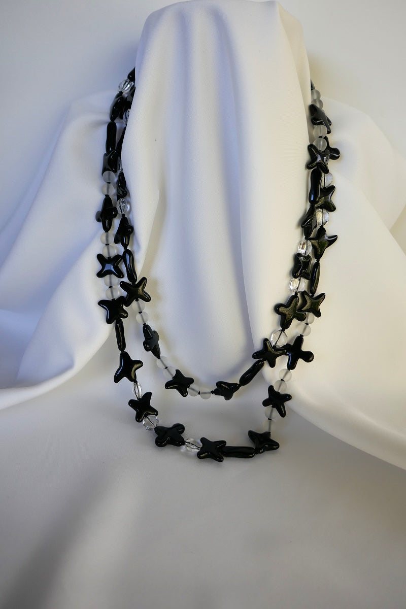 One Strand Rock Crystal and Onyx Long Gemstone Necklace