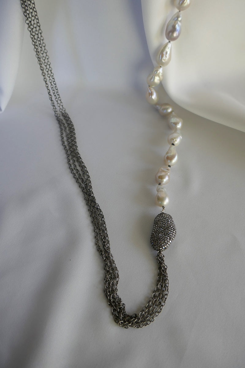 ONE STRAND WHITE BAROQUE CULTURED PEARL, 925 OXIDIZED STERLING SILVER CHAINS WITH OXIDIZED SILVER WHITE TOPAZ BEAN LONG GEMSTONE NECKLACE