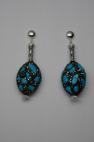 Sterling Silver 925 Round Post, Marcasite & Stabilized Turquoise Earrings