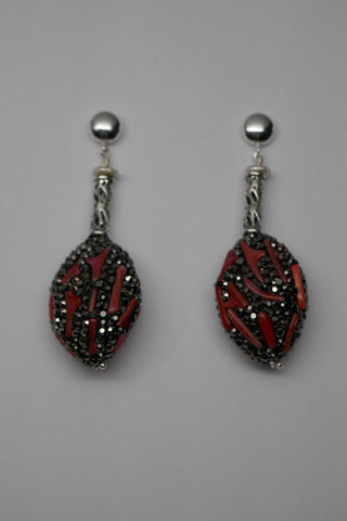 Sterling Silver 925 Round Post, Marcasite & Coral Earrings