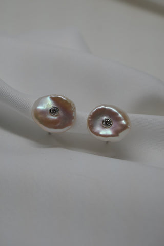 White Keshi Coin Cultured Pearl 925 Sterling Silver Omega Post Earrings