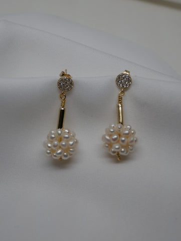 925 Vermeil Sterling Silver Cubic Zirconia Post Drop Cultured Pearl Ball Earrings