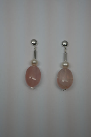 Sterling Silver 925 Round Post, White Cultured Pearls, Rose Quartz Earrings
