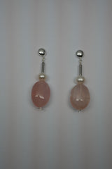 Sterling Silver 925 Round Post, White Cultured Pearls, Rose Quartz Earrings