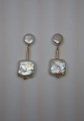 White Coin Cultured  Pearl on 925 Vermeil Sterling Silver Post Large White Square Cultured Pearl Earrings