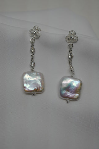 925 Sterling Silver Cubic Zirconia Post Large White Square Cultured Pearl Earrings