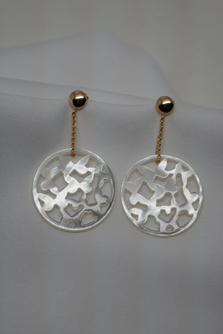 925 Vermeil Sterling Silver Chain, Gold Filled Post with Carved Mother of Pearl Disk Long Earrings