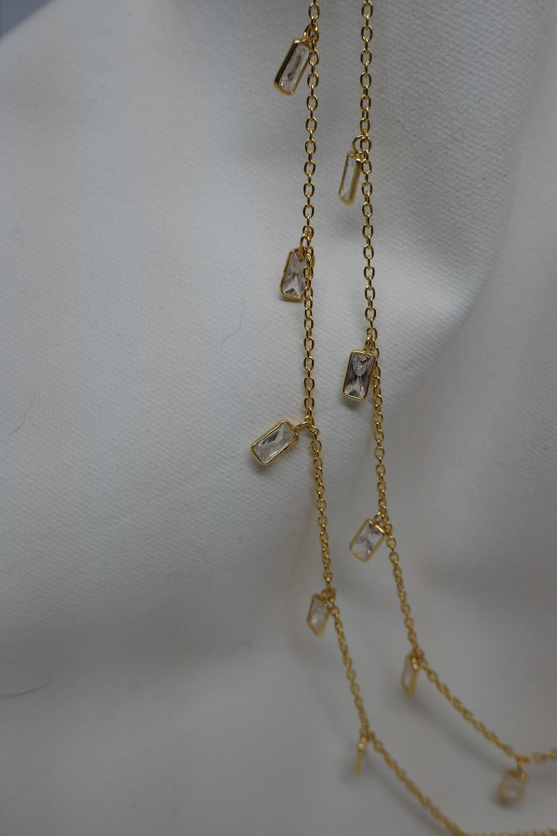 Two 925 Vermeil Sterling Silver Chains with Dangling Cubic Zirconia Rectangles Necklace