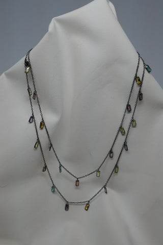 Two 925 Rhodium Plated Sterling Silver Chains with Dangling Colorful Cubic Zirconia Rectangles Necklace