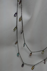 Two 925 Rhodium Plated Sterling Silver Chains with Dangling Colorful Cubic Zirconia Rectangles Necklace