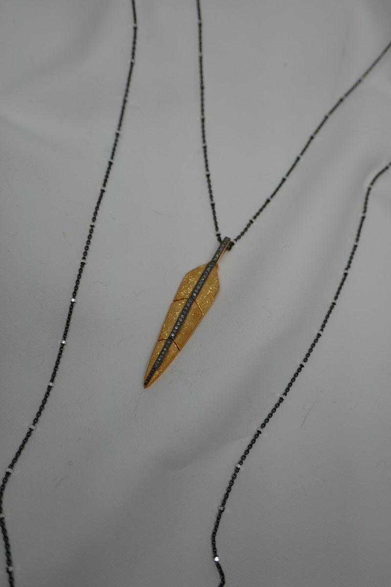 Two 925 Rhodium Plated Sterling Silver Chains with 18k Gold Plated Sterling Silver Diamond Leaf Necklace