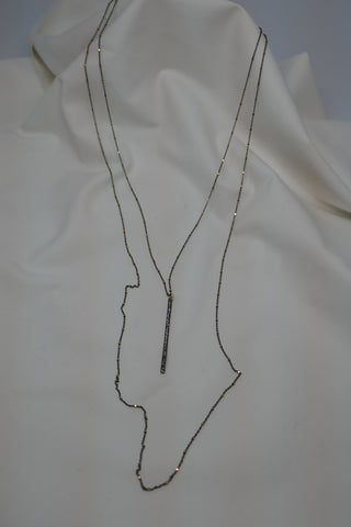Two 925 Oxidized Sterling Silver & Vermeil Chains with Oxidized Sterling Silver Diamonds Wand Pendant Necklace