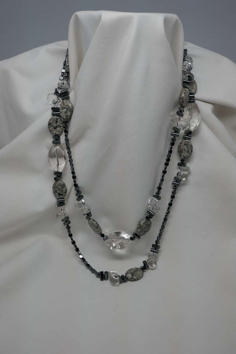 One Strand Hematite, Rock Crystal & Fossilized Stone Long Gemstone Necklace