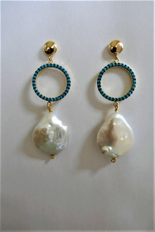 Turquoise CZ, White Large Drop Coin Cultured Pearls on14k Gold Filled Post Long Earrings