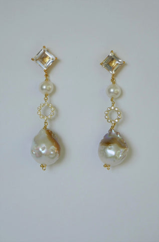 Natural Baroque &  White Cultured Pearls Sterling Silver Cubic Zirconia 925 14k Plated Topaz Post Earrings