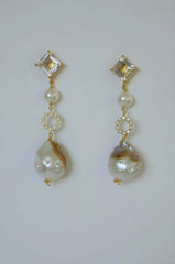 Natural Baroque &  White Cultured Pearls Sterling Silver Cubic Zirconia 925 14k Plated Topaz Post Earrings