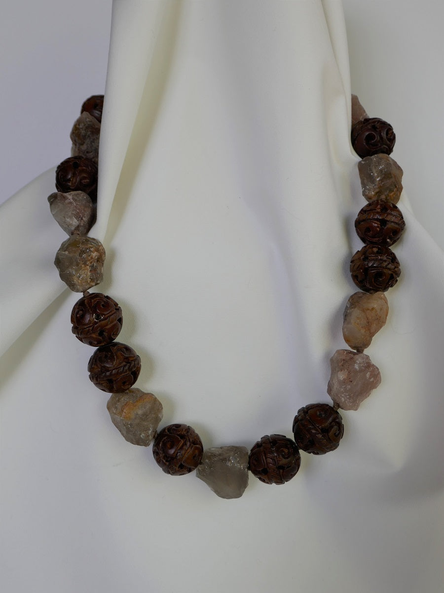 Two Separate Strands 20mm Carved Wood & Smokey Necklace