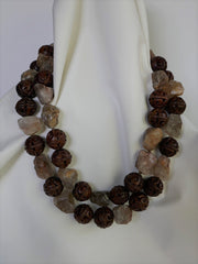 Two Separate Strands 20mm Carved Wood & Smokey Necklace