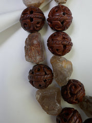 Two Separate Strands 20mm Carved Wood & Smokey Necklace