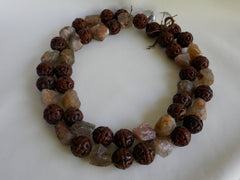 Two Separate Strands 20mm Carved Wood & Smokey Necklace