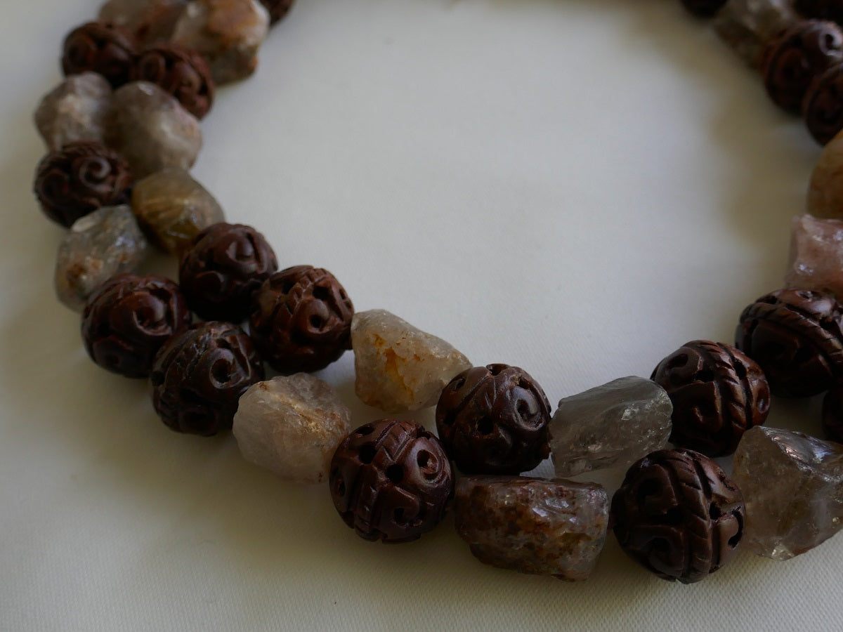 Two Separate Strands 20mm Carved Wood & Smokey Necklace