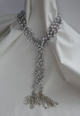One Strand Platinum Drop Cultured Pearl Lariat Necklace 925 Sterling Silver Tassel