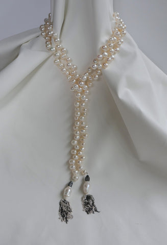 One Strand White Drop Cultured Pearl Lariat Necklace 925 Sterling Silver Tassel