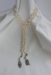 One Strand White Drop Cultured Pearl Lariat Necklace 925 Sterling Silver Tassel