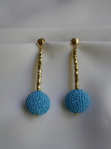Gold Plated Hematite Sky Blue Crystal Bead14k Gold Filled Post Earrings