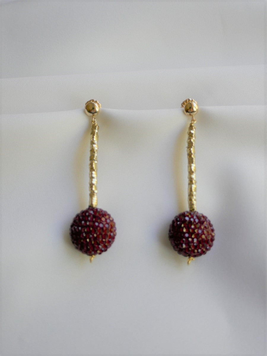 Gold Plated Hematite Dark Burgubdy Crystal Bead 14k Gold Filled Post Earrings