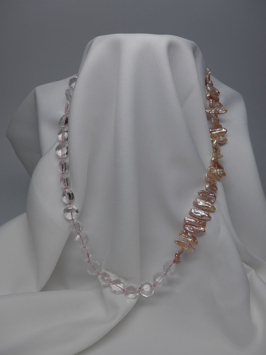 One Strand Pale Pink Cultured Pearls, Rock Crystal with Sterling Silver Marcasite Clasp