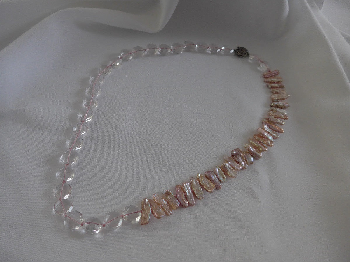 One Strand Pale Pink Cultured Pearls, Rock Crystal with Sterling Silver Marcasite Clasp