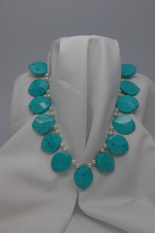 One Strand Stabilized Turquoise Gemstone and White Cultured Pearl Necklace