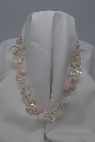 One Strand Mother of Pearl Fans, Pink Opal and Rock Crystal Gemstone Necklace